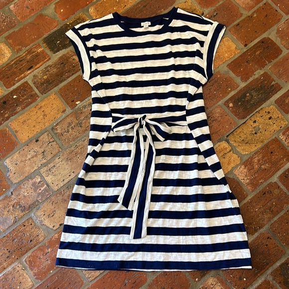 J Crew NWT $60 Navy Ivory Striped Tie Waist T-Shirt Dress in 100% Cotton szXL - Picture 7 of 15
